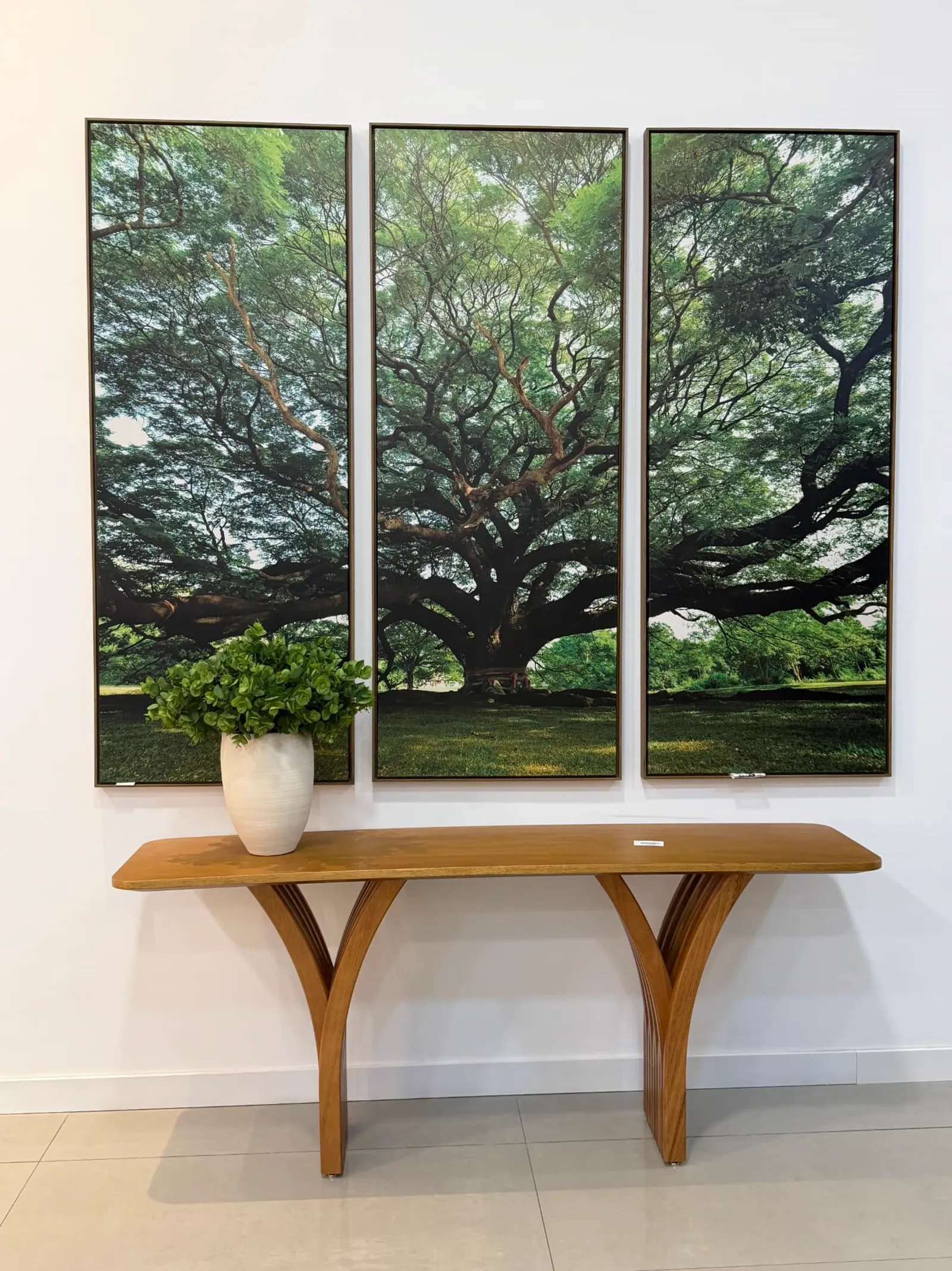 Hall do showroom com aparador em madeira curvada e tríptico de quadros